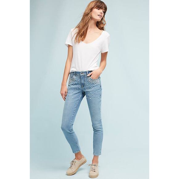 Pilcro Anthropologie Script Faux Pearl Embellished Blue Denim Skinny Jeans Sz 27 - Picture 1 of 11